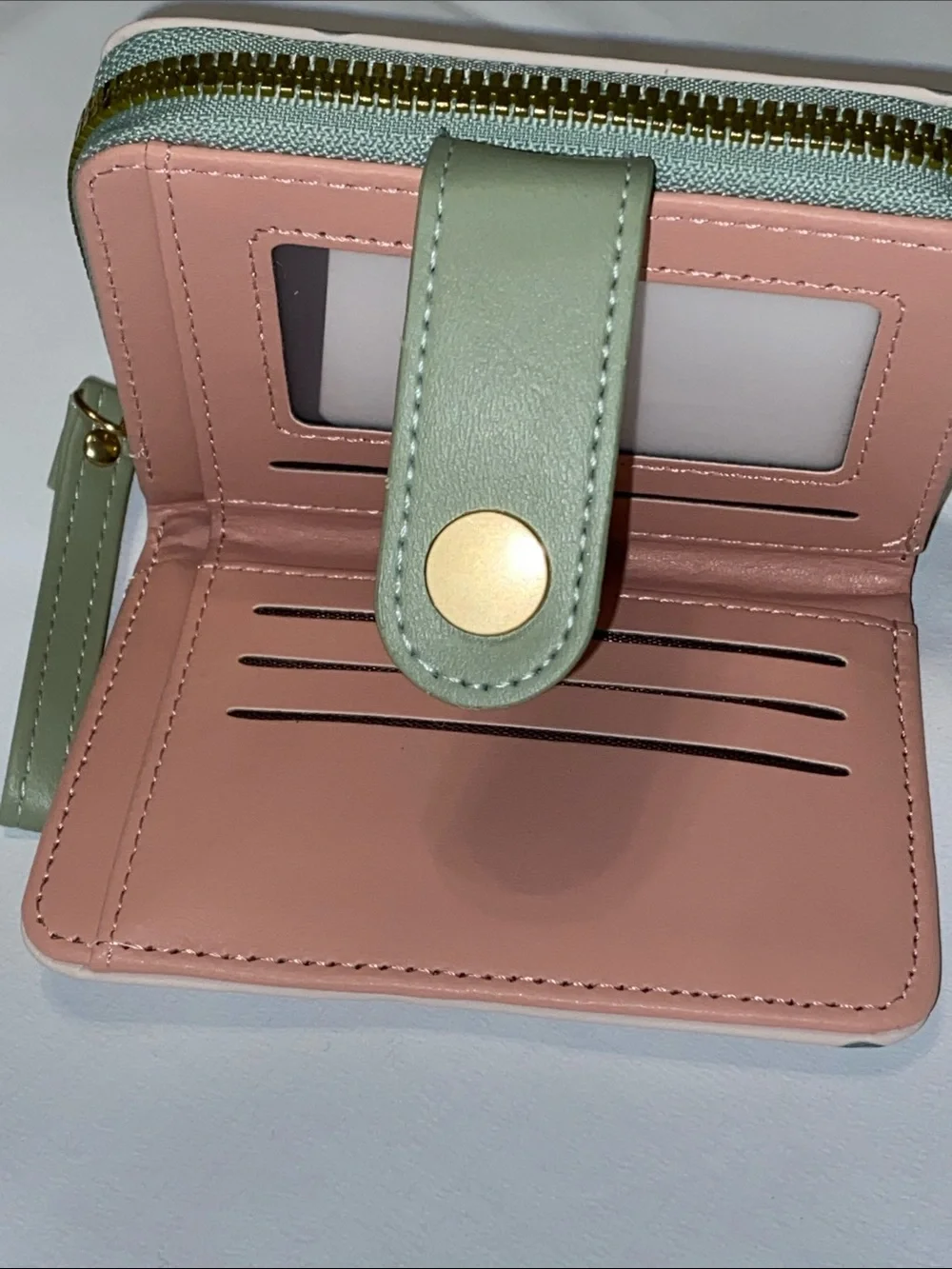 Cat Print Zip Wallet with Wrist Strap - Pink and Green